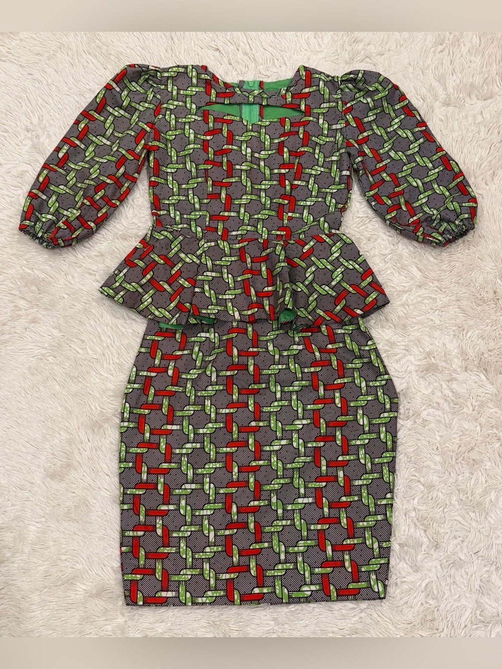 Handmade 2-Piece Peplum Top & Pencil Skirt Set Outfit XS Chain Red Green Artsy